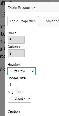 Table Properties Set Headings