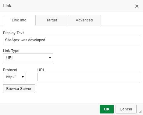 SiteApex Link Properties Box