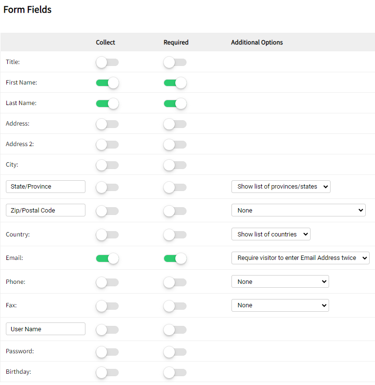 SiteApex Form Builder Default Fields