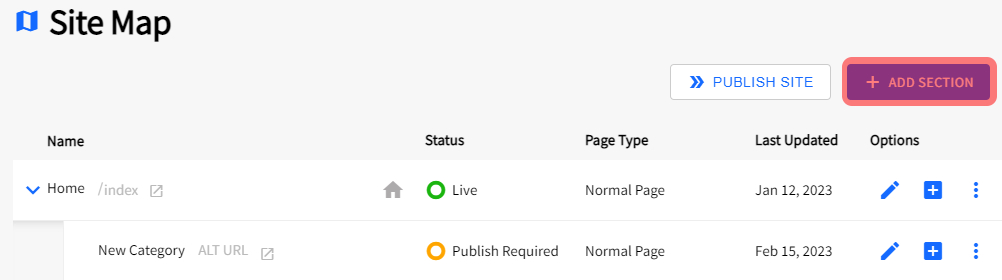 Siteapex Site Map Add Section Button